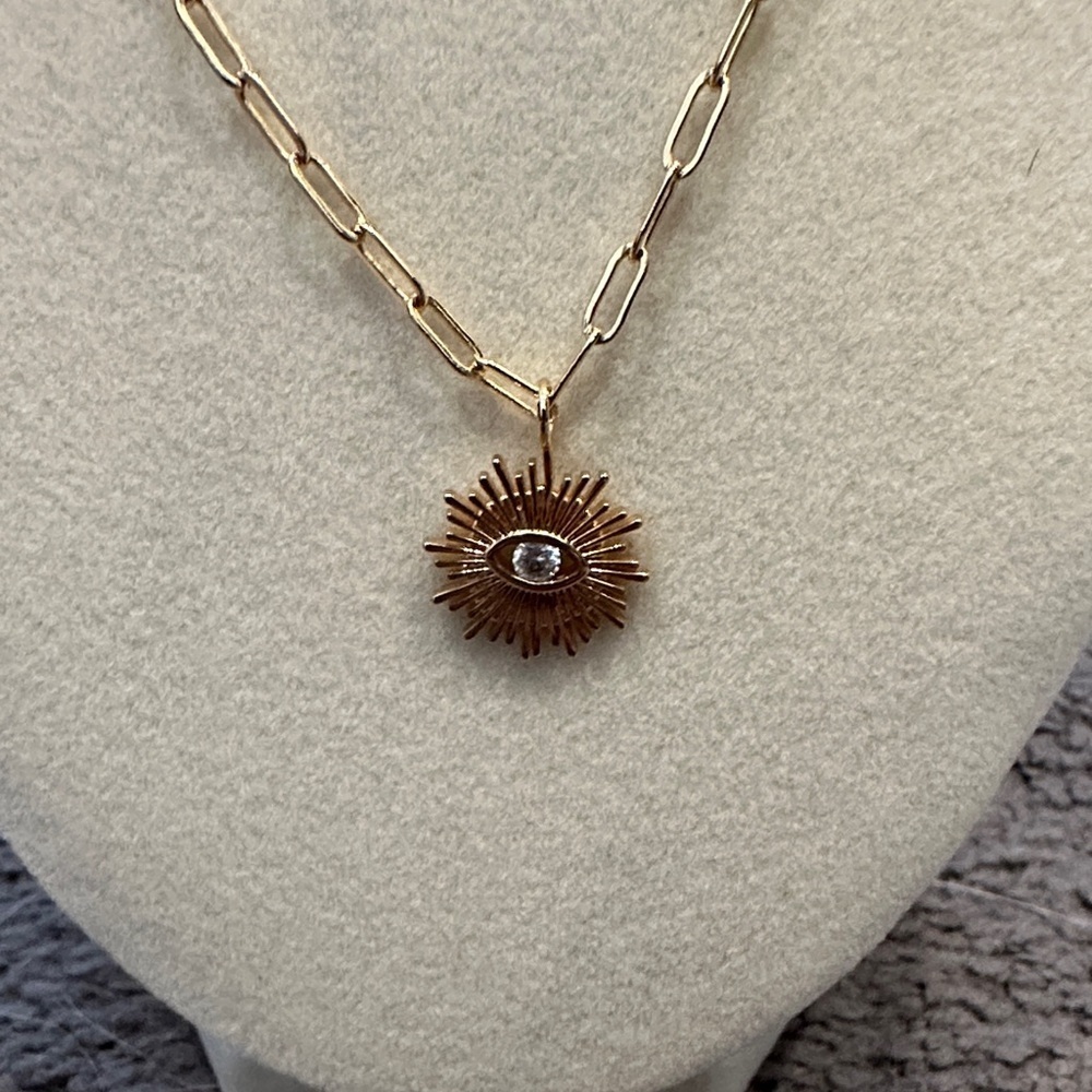 Joy Dravecky Elegant Gold Necklace with Sunburst Evil eye Pendant - Picture 2 of 4
